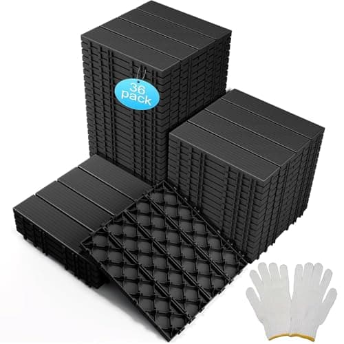 Image of JUOIFIP 36 Pcs Decking Tiles Garden Terrace Decking Plastic Composite Interlocking Outdoor Flooring Weather Resistant for Patio, Balcony, Concrete 30 x 30 cm (Dark Grey)