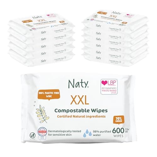 Image of Naty Baby Wipes XXL | 98% Water & Natural for Sensitive Skin | Unscented, Plant-Based, Fragrance-Free | Plastic-Free & Compostable | Newborn & Toddler Gentle Wet Wipes | 600 Count (12 Packs)