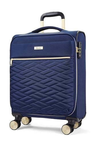 Image of Rock Sloane Small Expandable Soft Shell Cabin Suitcase in Navy - Signature London Styling, 360 Swivel-Wheels, Telescopic Handle, Stylish Gold Accents & TSA Combination Lock - 55 x 40 x 20 cm 2.2KG