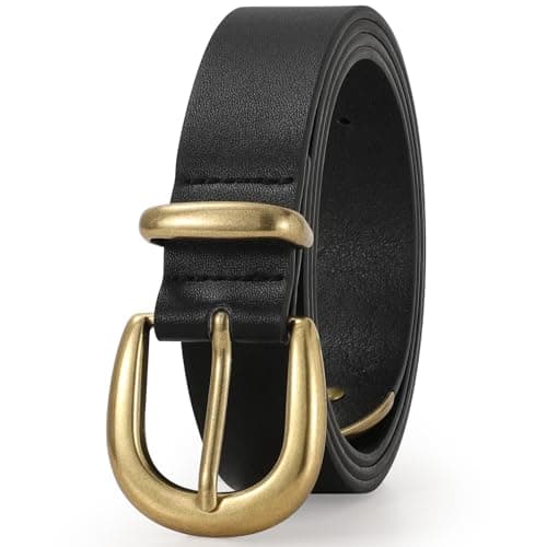 Image of LEACOOLKEY Women Leather Belt for Jeans Pants Ladies Casual Waist Belt Fashion Belt with Gold Buckle 1.1in width,Black(Ancient Gold Buckle),Fit waist size 27"-33"