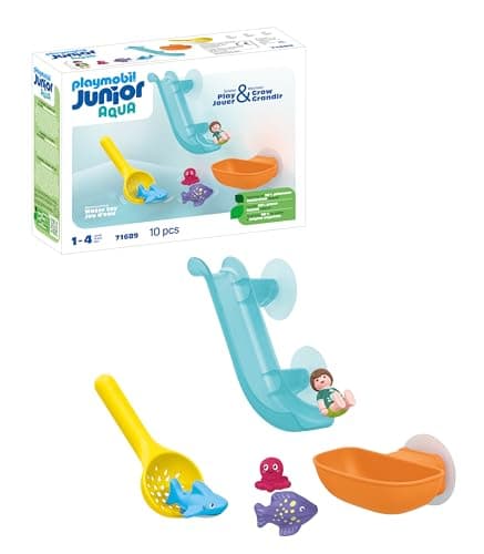 Image of Playmobil 71689 JUNIOR AQUA: Water Slide with Sea Animals, including Baby Shark, Fish and Baby Octopus, sustainable toy made from plant-based plastics, play sets suitable for children ages 1+