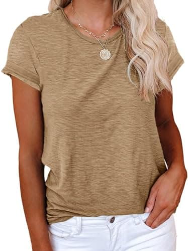 Image of Cicy Bell Women's T-Shirt Crewneck Short Sleeve Shirts Loose Casual Summer Tees Basic Cotton Tops, Khaki, M