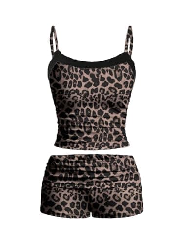 Image of GORGLITTER Tracksuit Womens Full Set Lace Polka Dots Bear Print Shorts and Cami Top Set Cute Summer Outfits Lounge Wear Sets Coffee Brown Medium