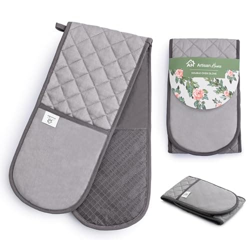Image of Grey Double Oven Gloves Heat Resistant Silicone Oven Mitts Pair | Non-Slip Silicone Oven Gloves Double Oven Mitt | Machine Washable Thick Potholders Home & Kitchen Accessories.