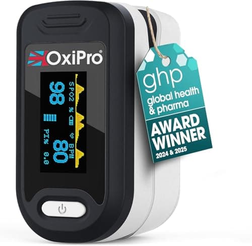 Image of OxiPro OX2 Oximeter - Health & Pharma Awards Winner 2025 - Fingertip Pulse Oximeter/Blood Oxygen Monitor - Finger Oxygen Saturation/SATS Monitor to measure SpO2 / Medical Device for Adults