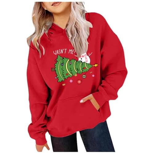Image of SoLu DAY8 Christmas Hoodie Kids Girls Age 3-14 Years Fashion Graphic Teen Girls Christmas Sweatshirt Winter Long Sleeve Xmas Tops PuLover Cute Cartoon Comfy Casual Vacation Blouse (Red, 11-12 Years)