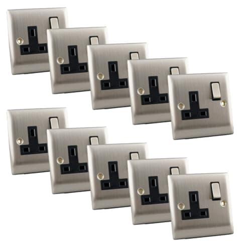 Image of 13A Double Pole Switched Single Socket – Brushed Chrome Slim Edge Stainless Steel Wall Plug Socket – BS1363 Certified – Trade Pack for Home & Commercial Installations (Pack in 10)