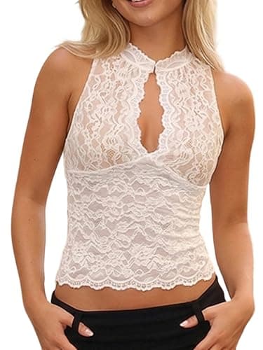 Image of Springcmy Women Lace Floral Tank Top Y2k High Neck Sleeveless Hollow Out Sheer Cami Top Fitted Camisole Tank Vest (A White, L)