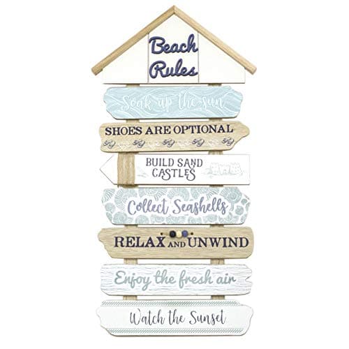 Image of Carousel Home and Gifts 50.5 cm Beach Rules Wooden Sign Nautical Decor Wall Art - Decorative Coastal Wall Mounted Beach Hut Plaque