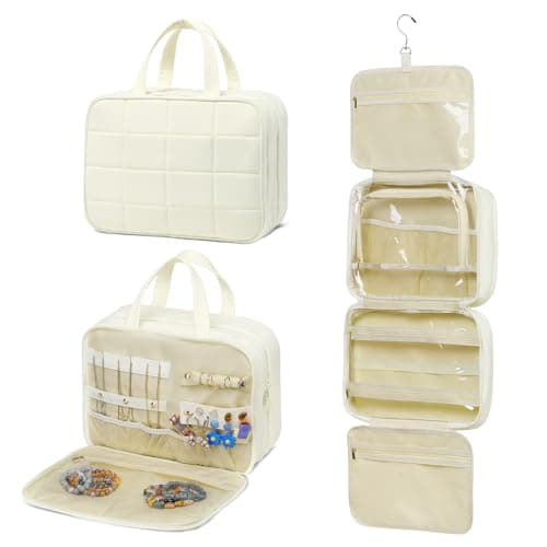 Image of SUIKIHUM Travel Hanging Toiletry Bag for Women, Puffy Makeup Bags with Accessories Organizer Carry-on Essentials with Waterproof Compartment, Beige