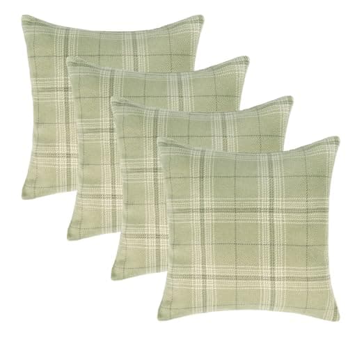 Image of OHS Green Cushion Covers 45 x 45, Pack of 4 Woven Check Covers for Cushion Inserts Decorative Living Room Sofa Cushions Luxury Home Throw Pillows Soft