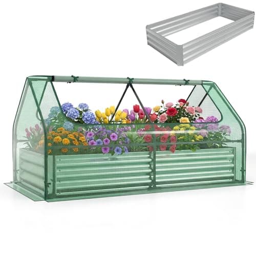 Image of COSTWAY Raised Garden Bed with Greenhouse, Outdoor Elevated Planter Box with PVC/PE Cover & Dual 2-Tier Roll-Up Windows, Steel Mini Growhouse for Patio (PE Cover, Silver+Green, 183 x 91 x 94cm)
