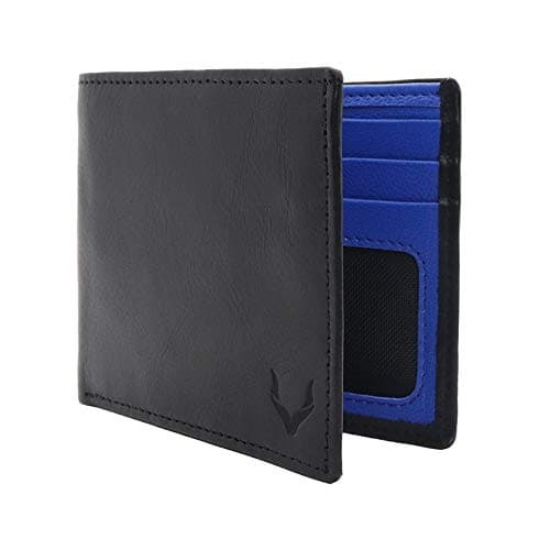 Image of PELLE TORO Handmade Super Slim Men's Wallet, Handmade with Napa Leather, RFID Blocking Wallet, 9 Card Slots & ID Window (Charcoal Black & Sapphire Blue)