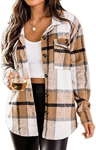 Image of Jhsnjnr Women's Winter Shacket Casual Flannel Shirts Long Sleeve Button Down Plaid Jacket