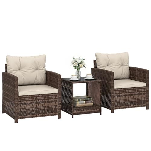 Image of Outsunny 3 Piece Rattan Bistro Set, PE Wicker Garden Furniture Conversation Set, 2 Tier Glass-Top Bistro Table and Chairs for 2 with Cushions for Patio, Balcony, Porch, Mixed Brown