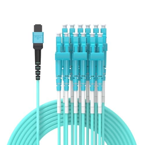 Image of 1M MPO/MTP to 12 x LC (6 Duplex) 12 strands Breakout Cable,QSFP 40GBase-SR4, OM4 Fanout Fiber Optic Cable - Aqua, 1 meter