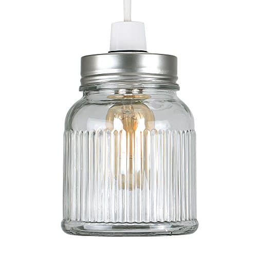 Image of Retro Style Silver Brushed Chrome and Clear Glass Ribbed Pattern Design Jar Ceiling Pendant Light Shade