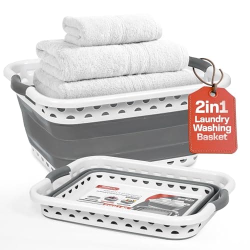 Image of Klass Home Collection 58L Large Collapsible Laundry Baskets Plastic, Pop Up Foldable Washing Basket, Laundry Hamper For Sorting & Drying, Space Saving Folding Wash Bucket Tub (2-Handle, Grey)