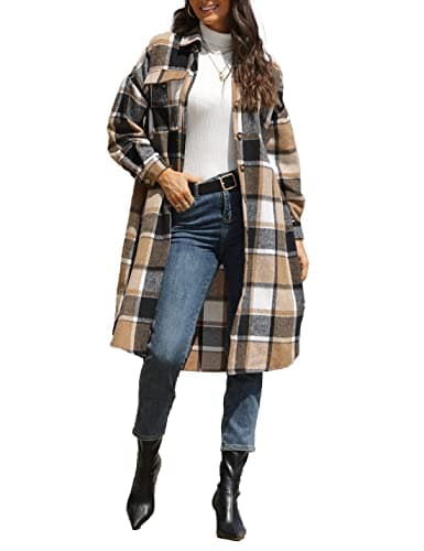 Image of Sukany Women's Casual Lapel Wool Blend Long Plaid Shirt Button Down Long Sleeve Jacket Shacket Khaki M