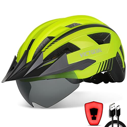 Image of Victgoal Bike Helmet with USB Rechargeable LED Light Removable Magnetic Goggles Visor Breathable MTB Mountain Bicycle Helmet for Unisex Men Women Adjustable Cycle Helmets (XL: 59-63 cm, Yellow)