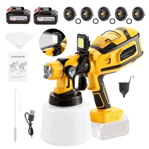 Image of Cordless Paint Sprayer with 21V Battery, HVLP Spray Gun with 1400ML Container, 1200ml/min, 5 Nozzles & 3 Patterns, Adjustable Flow, 2x4000mAh Batteries for Furniture, Walls, Fence & DIY, Yellow
