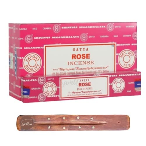 Image of Satya Nag Champa Rose Incense Sticks | x12 pack | with SAMASIA incense sticks holder | Used for Roomatherapy, Spa, Yoga, Weddings, Meditation, Healing, Positivity and Relaxation