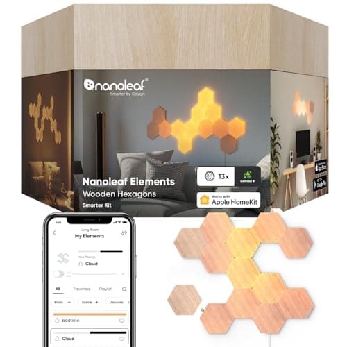 Image of Nanoleaf Elements Hexagon Starter Kit, 13 Wood Look LED Smart Light Panels - Dimmable & Modular Wi-Fi Wall Mood Lights, Works with Alexa Google Assistant Apple Homekit, for House Room Decor or Desk