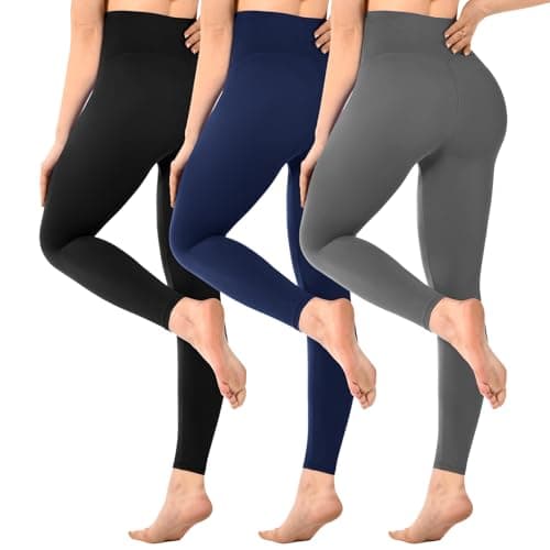 Image of SINOPHANT Pack of 3 Women's High Waist Opaque Black Leggings for Gym Yoga Sports, Black/Navy/Grey, L-XL