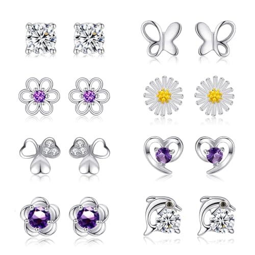 Image of RANKEEF 8 Pairs Pink Stud Earrings for Girls 925 Sterling Silver Stud Sets Cute Kids Girl Earrings Heart Cubic Zirconia Hypoallergenic Sleeper Silver Earrings for Girls, Purple: 8Pairs Studs