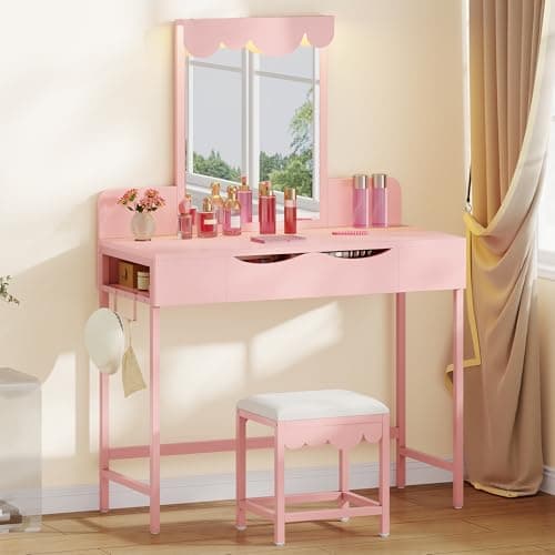 Image of YITAHOME Dressing Table with Mirror & Cloud-Shaped Accent, Makeup Vanity Desk with 3-Color Dimmable LED Lighting, Drawer, Side Holders, & Stool for Dressing Room, Bathroom, Pink