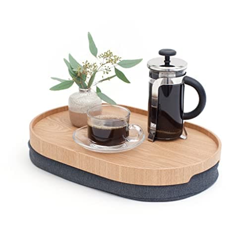 Image of Bosign CurveLine Laptray with bean bag cushion. Portable Lap desk for Laptop, Breakfast, Dinner. Non-slip tray. Washable, removable cushion cover. Willow wood. Grey cushion. MEDIUM (39x26x6,5 cm)