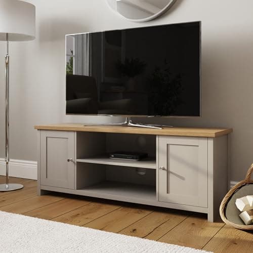 Image of GFW Large Lancaster TV Cabinet Unit With Storage Shelves & Cupboard. Grey Living Room TV Stand With Oak Top. Wood Sideboard Media Stands. Grey & Oak Sideboard TV Unit With Rear Cable Entry (Grey)