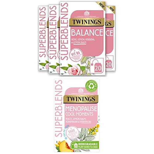 Image of Twinings Superblends Balance Tea - Lemon Balm, Lemon Verbena, Rose Petals, Spearmint and added Vitamin B6 + Menopause Cool Moments, Peach flavoured with lemon balm, honeybush and Vitamin B6