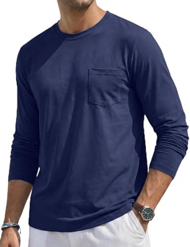 Image of TACVASEN Long Sleeve T Shirt Mens Cotton Lightweight Moisture Wicking Tee Autumn Crew Neck Work Top with Pocket Navy,L