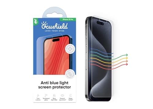 Image of Ocushield Anti Blue Light Screen Protector for iPhone 15 Pro (6.1") - 9H Tempered Glass Filter Blocks UV & Blue Light, Anti-Bacterial, Designed by UK Optometrists