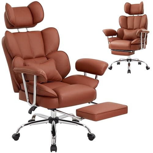 Image of IWMH Big and Tall Executive Office Chair, Ergonomic PU Leather Desk Chair with Footrest, High Back Reclining Computer Chairs with Adjustable Headrest, Armrests, Lumbar Support (Brown)