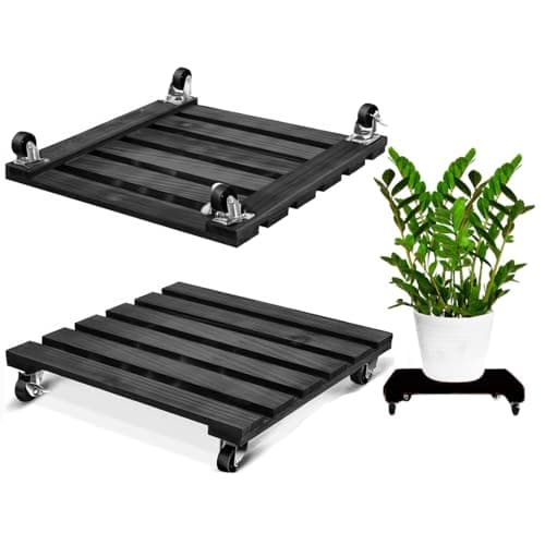 Image of Cnwinu 2 Pack Wooden Plant Stand with Metal Lockable Caster Wheels,30cm Heavy Duty Plant Trolley,360°Rolling Plant Caddy with Wheels for Indoor Outdoor Home Garden(2 Pieces Black Square)