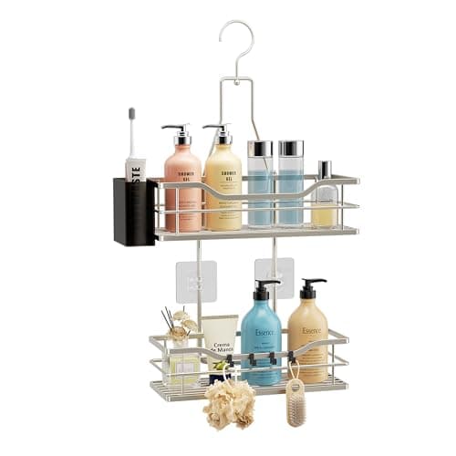 Image of HapiRm Shower Caddy Hanging Organiser - 2 Tier Bathroom Caddy Organiser with 360° Rotatable Top Hook and 4 Hooks, Rustproof Shower Shelf Hanging for Shampoo, Conditioner, and Bathroom Storage