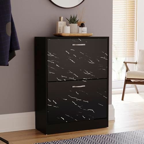 Image of Vida Designs 2 Drawer Shoe Cabinet Cupboard Shoe Storage Organiser (Black Marble)