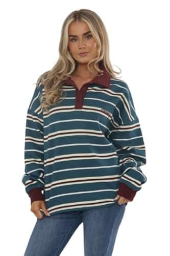 Image of Womens Striped Long Sleeve Polo Top Ladies Rugby Sweatshirt Casual Tee (UK, Alpha, S, M, Regular, Regular, Teal Green Stripe)
