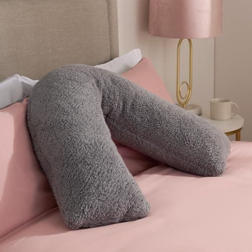 Image of OHS V Pillow Teddy Fleece Grey, Support Pillow for Sleeping Relaxing Super Soft Warm Comfy Pillow Cuddle Cushion Orthopaedic V Shape for Bed Sofa, 80 x 60 x 25cm