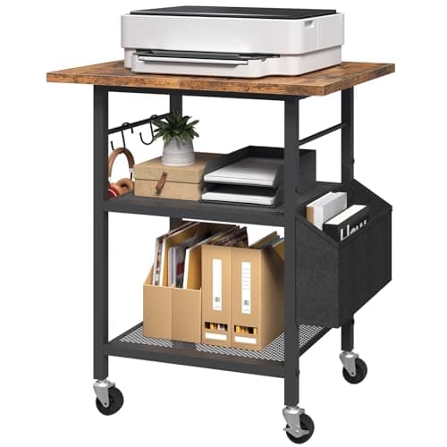 Image of MAHANCRIS 3-Tier Printer Stand, Rolling Printer Table on Wheels, Industrial Storage Stand with Side Pocket, Wooden Tabletop, Mesh Shelves and 2 S-Shaped Hooks, for Home Office, Rustic Brown APTHR2501