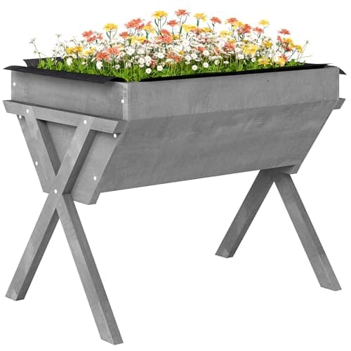 Image of Outsunny Wooden Raised Garden Bed with Bed Liner, Elevated Planter Box with Legs, for Vegetables Flowers Herbs, Outdoor and Indoor Use, Light Grey