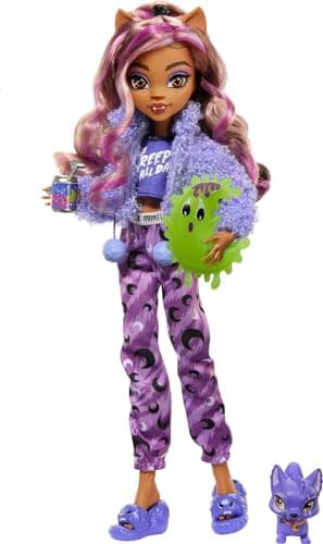 Image of Monster High Doll and Sleepover Accessories, Clawdeen Wolf Doll with Pet Dog Crescent, Creepover Party, HKY67
