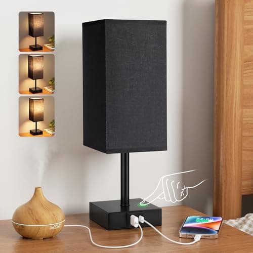 Image of Aooshine Black Bedside Lamp, 3-Way Dimmable Table Lamps with Square Fabric Shade,Black Base(Bulb Included)