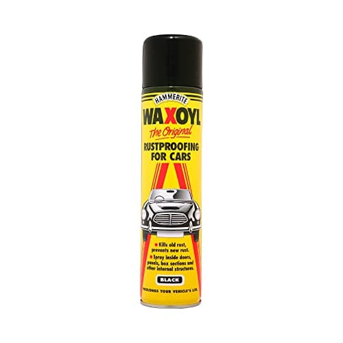 Image of Hammerite Waxoyl Car Underseal and Rust Protection. The Original Rustproofing for Cars, Rust Inhibitor and Rust Converter for Classic Car Care. Waxoyl Black 400ml Aerosol Can