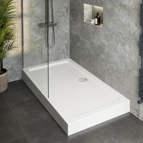 Image of Hydrolux® 1700 x 800 x 140mm White Bathroom Shower Tray for Enclosures Cubicles & Wet Room with Waste + Riser Kit, Rectangular
