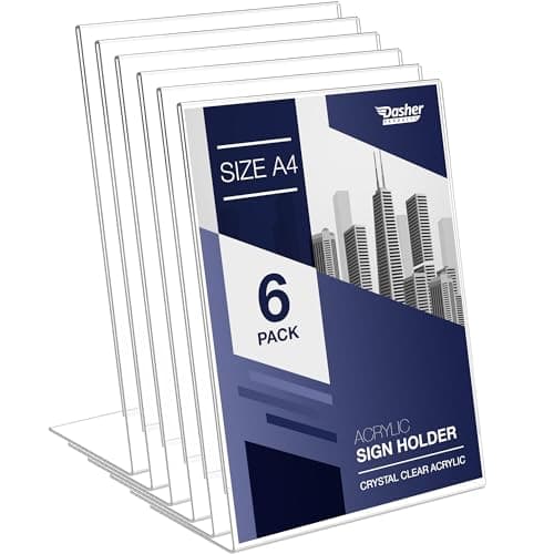 Image of Slant Back Acrylic Sign Holder A4, 6 Pack, Portrait Ad Frames, Clear Picture Frame for Signs, Brochure, Flyer, Menu, Paper, Poster, Display. Slanted Plastic Message Board Stand for Home, Office, Store
