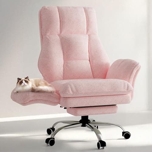 Image of HOMRELEXA Big and Tall Office Chair, Flip Armrests for Pets & Cross Legged Sitting, Executive Ergonomic Computer Gaming Chair with Foot Rest, Teddy Fleece Wide Seat Reclining Desk Chair, Pink