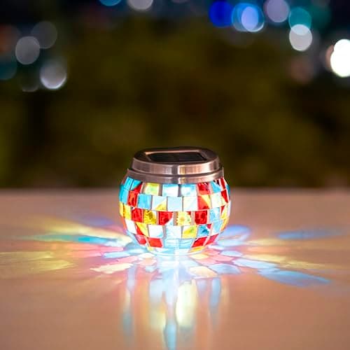Image of Garden Mile Solar LED Mosaic Jar Light Multi Coloured Lantern Outdoor Lighting for Garden Light Up Table Top Decoration Small Outdoor LED Garden Lamp